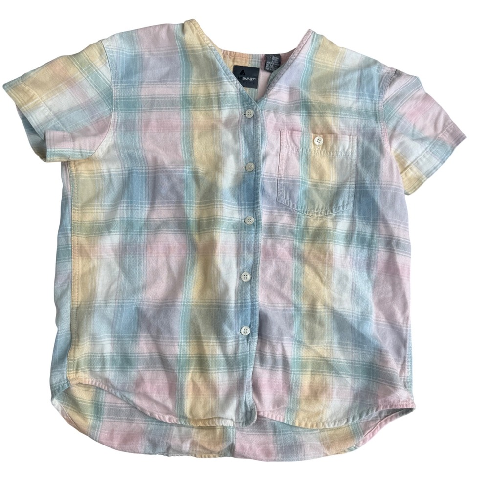 90s Lizwear Pastel Plaid Button Front Shirt Cotton Boxy Cottagecore Medium Multi
